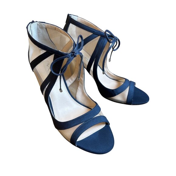 Nina NY Cherie Size 11 Strappy Mesh Tie Peep Toe Dress Heels Sandals Leather Tie - Picture 1 of 11